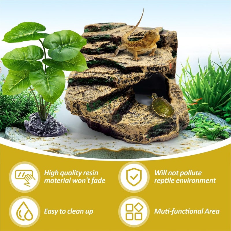 GOZILLA Reptile Accessories for Tank, Basking Platform Hideout, Bearded Dragon Hide and Cave Decor for Turtle,Snake and Lizard.(Brown-L-Kit) - Image 5